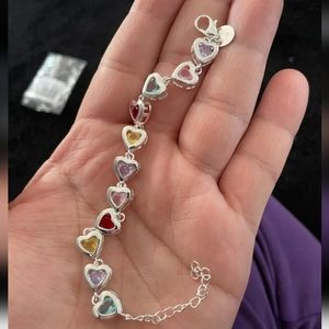 New gorgeous 925 stamped Silver plated multi colored heart bracelet